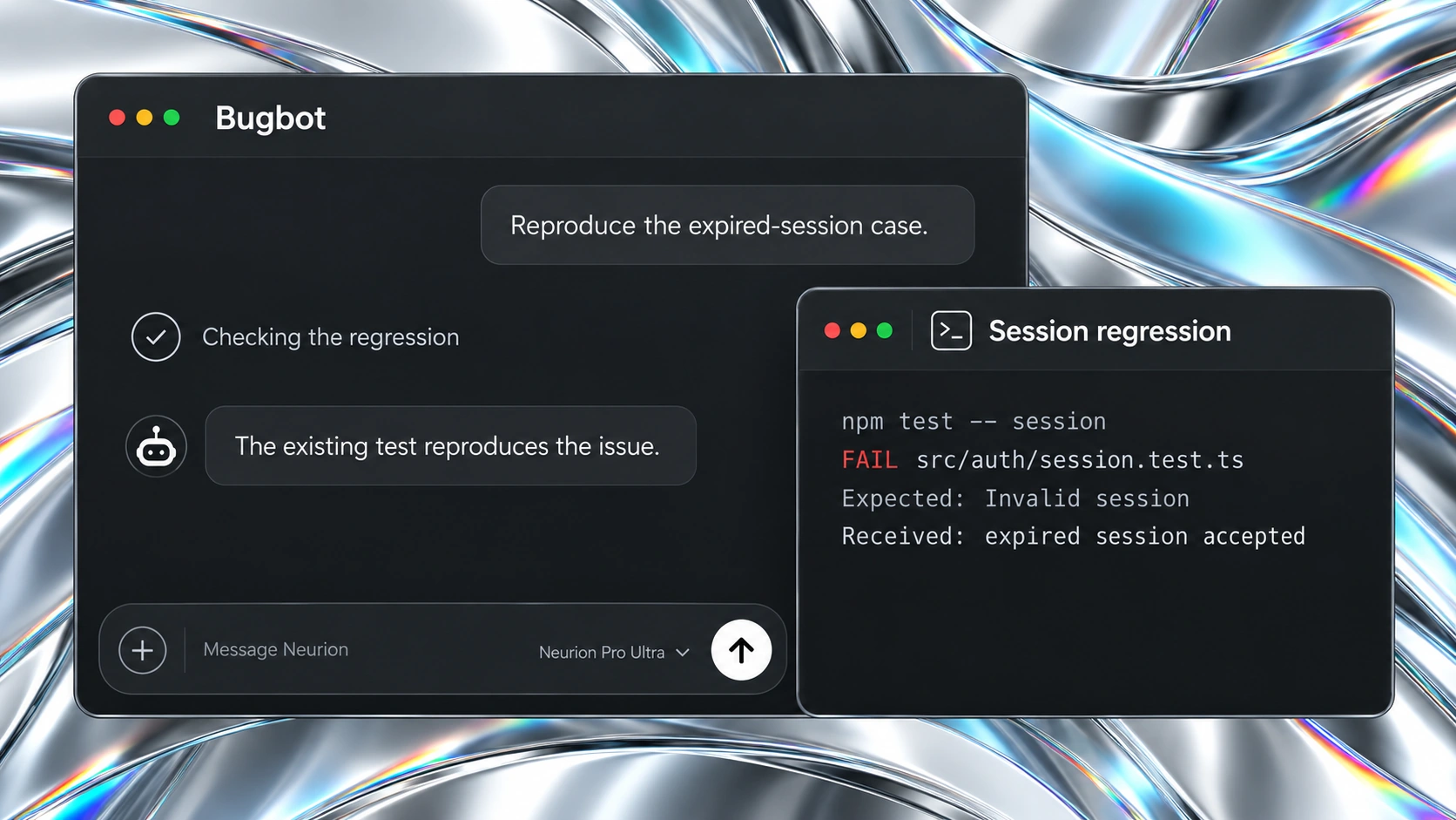 Illustration of Bugbot reviewing a failing expired-session regression.