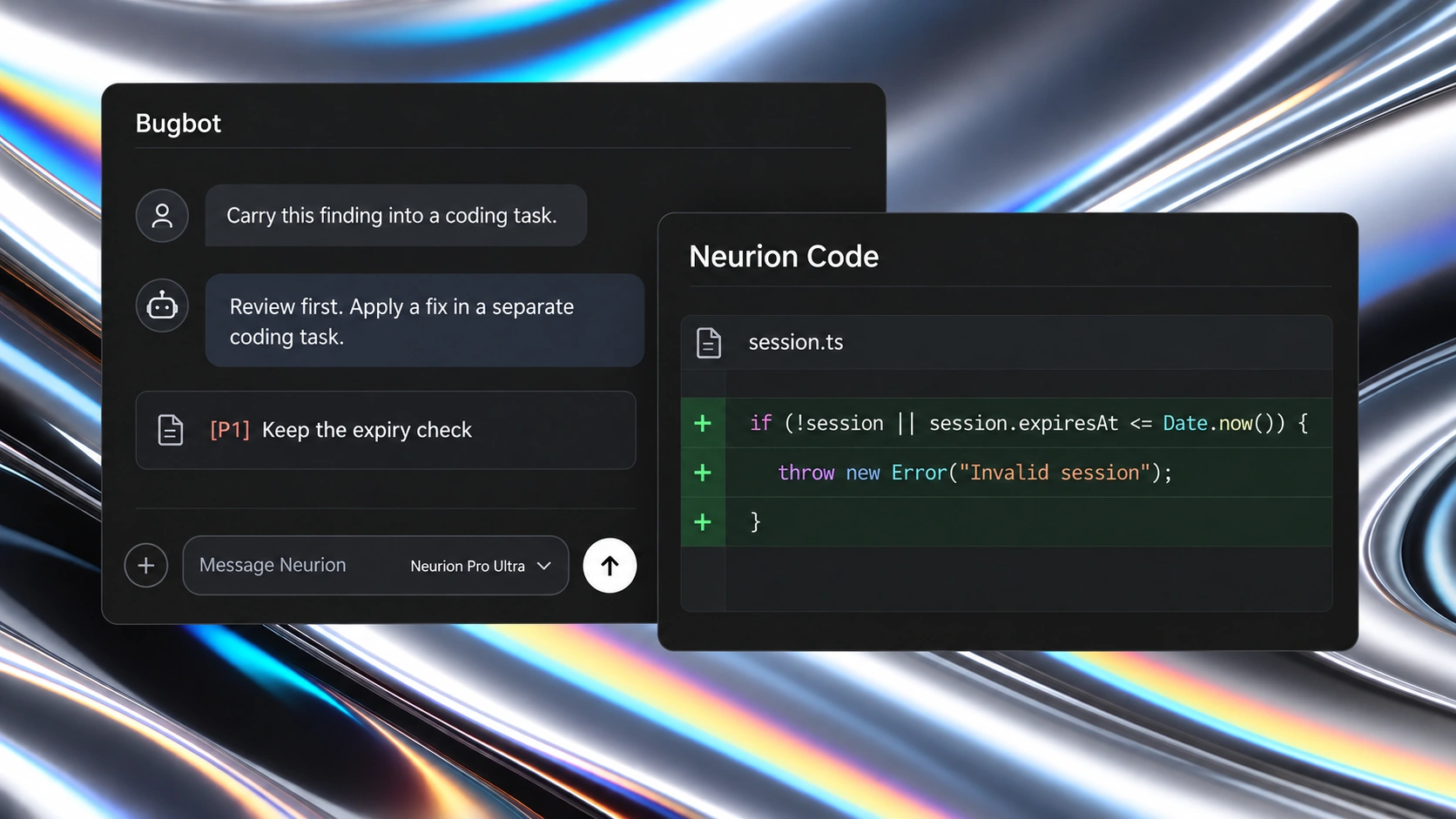 Illustration of a Bugbot finding being carried into a separate Neurion Code repair task.