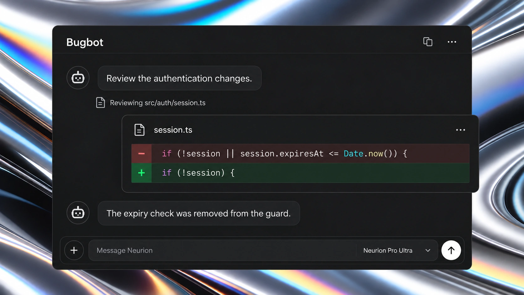 Illustration of Bugbot reviewing a diff that removes a session expiry check.