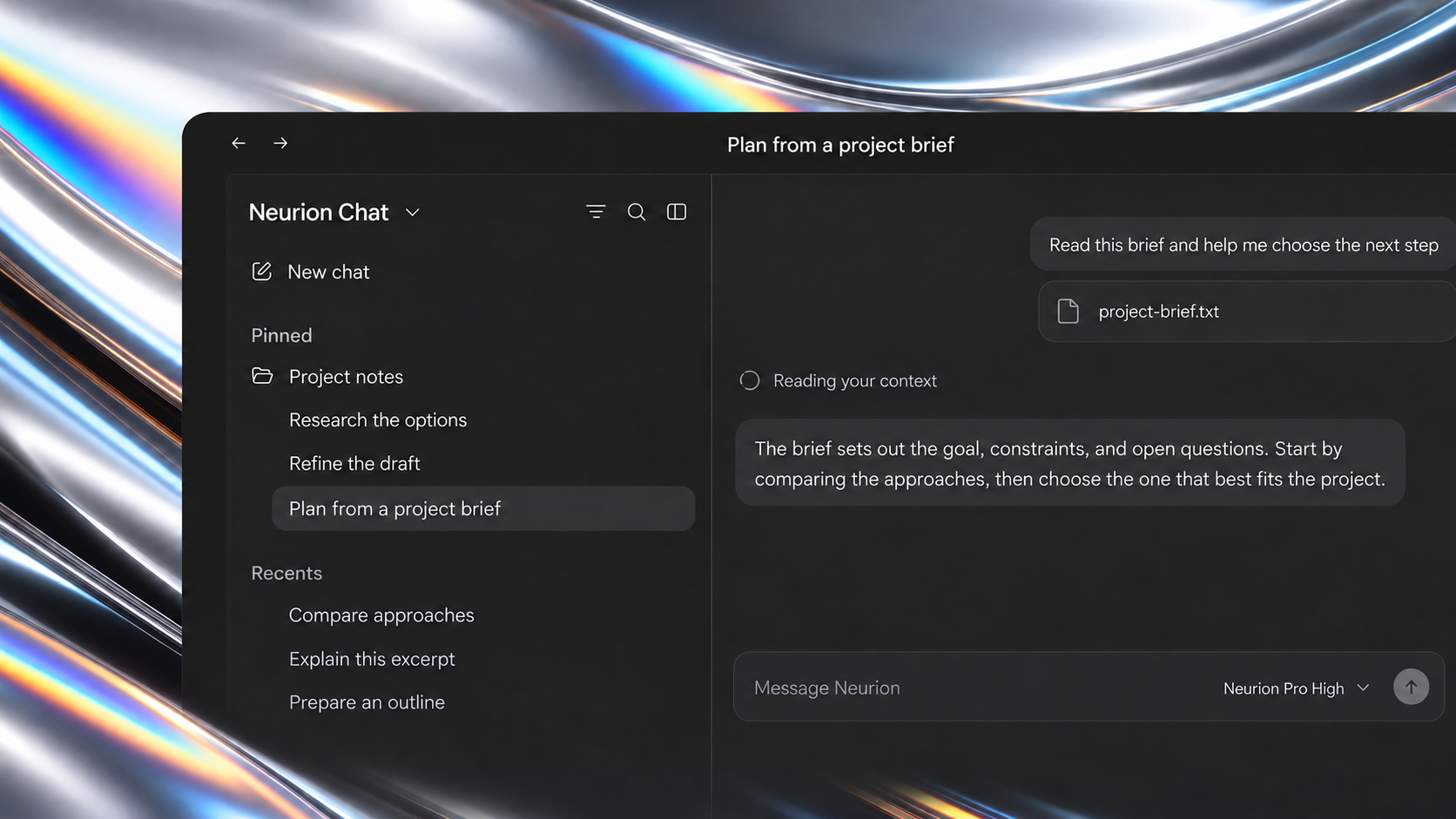 Illustration of the Neurion Chat workspace reading project-brief.txt and responding in the same conversation.