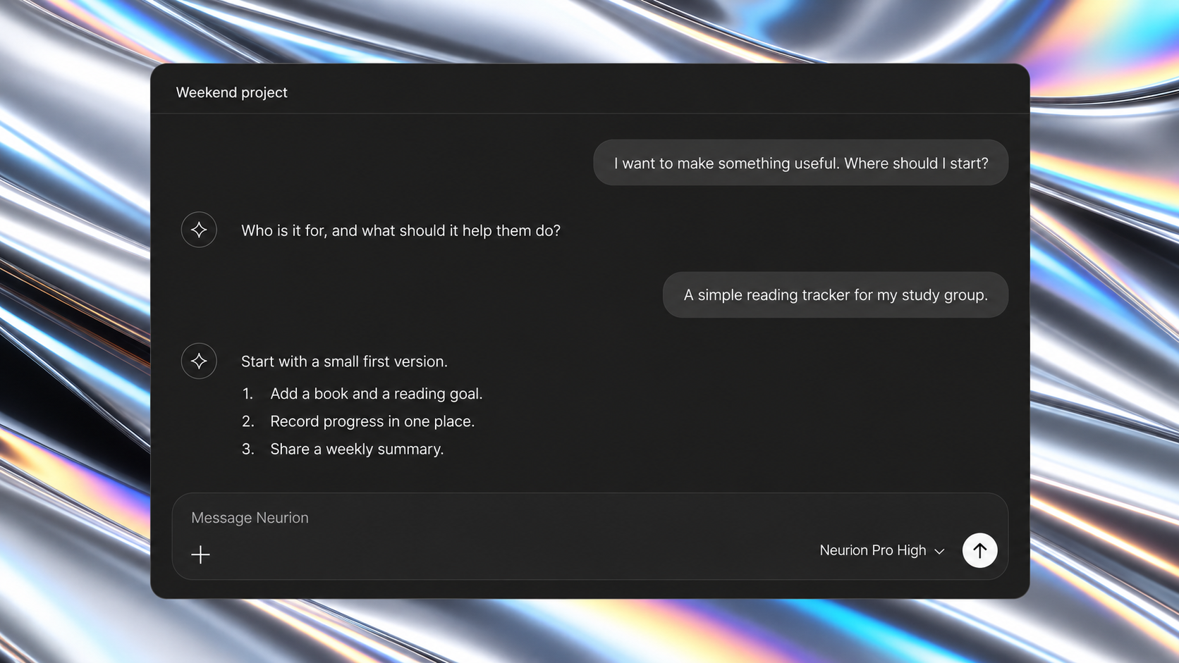 Illustration of a conversation developing a reading tracker idea into three practical steps.