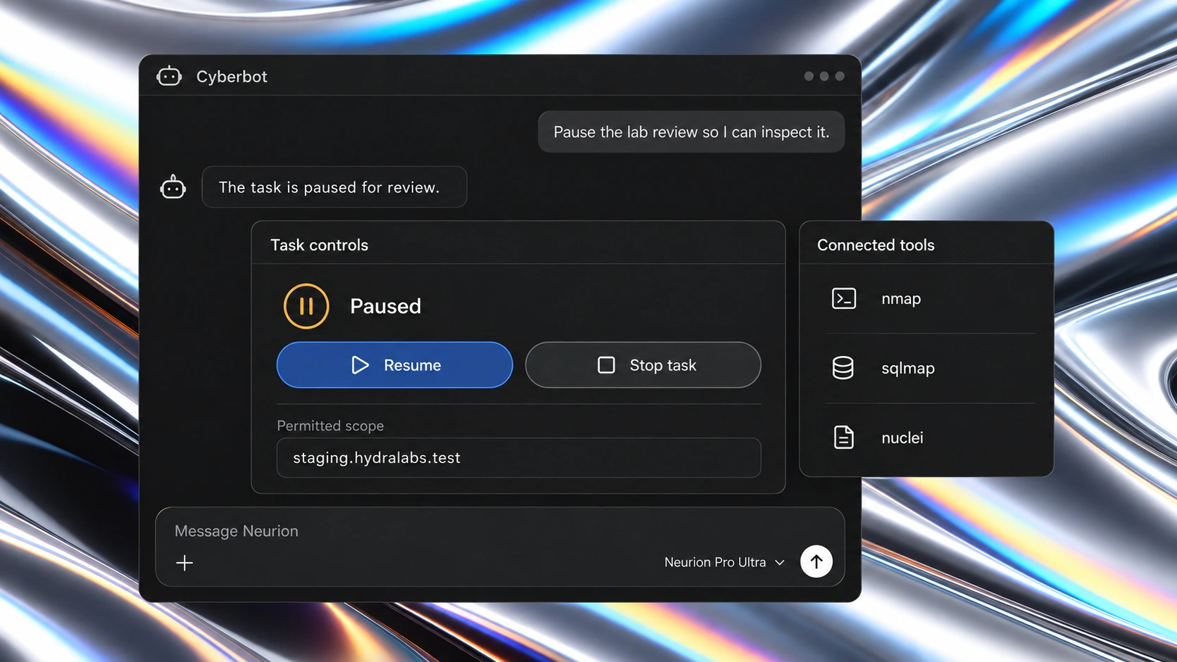 Illustration of a paused Cyberbot lab task with its permitted scope and connected tools.