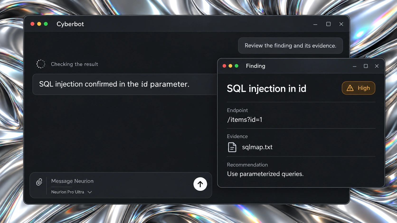 Illustration of an SQL injection finding with its endpoint, evidence file and parameterized-query recommendation.