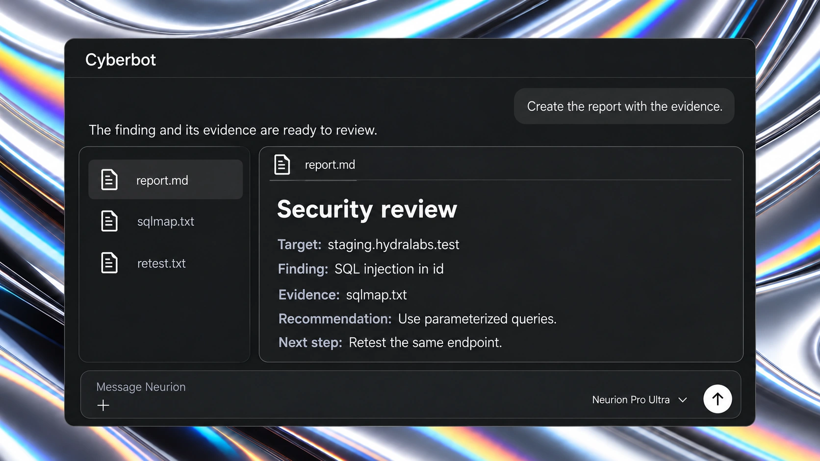 Illustration of a Cyberbot report containing the lab scope, finding, evidence and next step.
