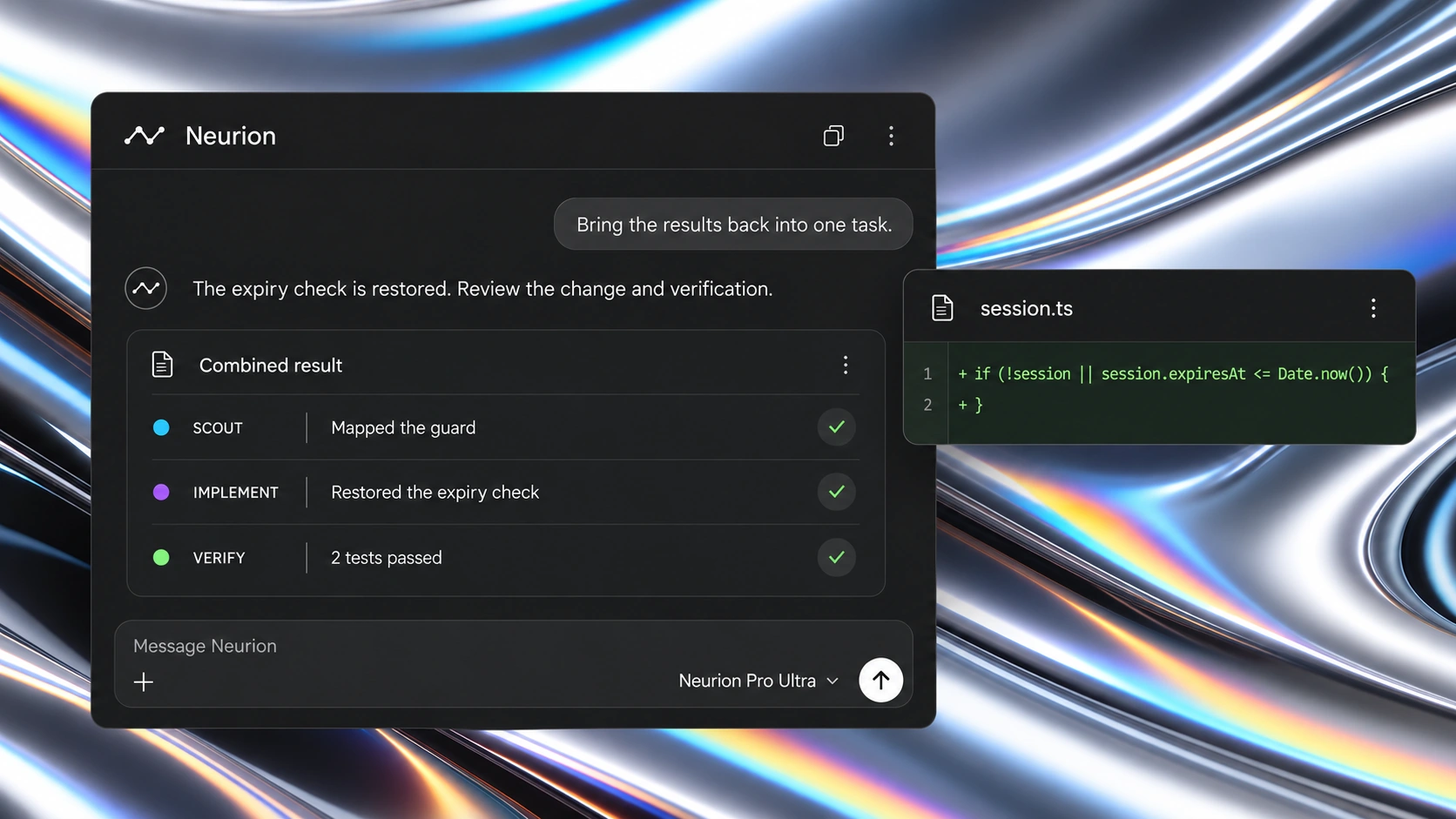 Illustration of a combined Ultra result with agent summaries, a change and verification output.