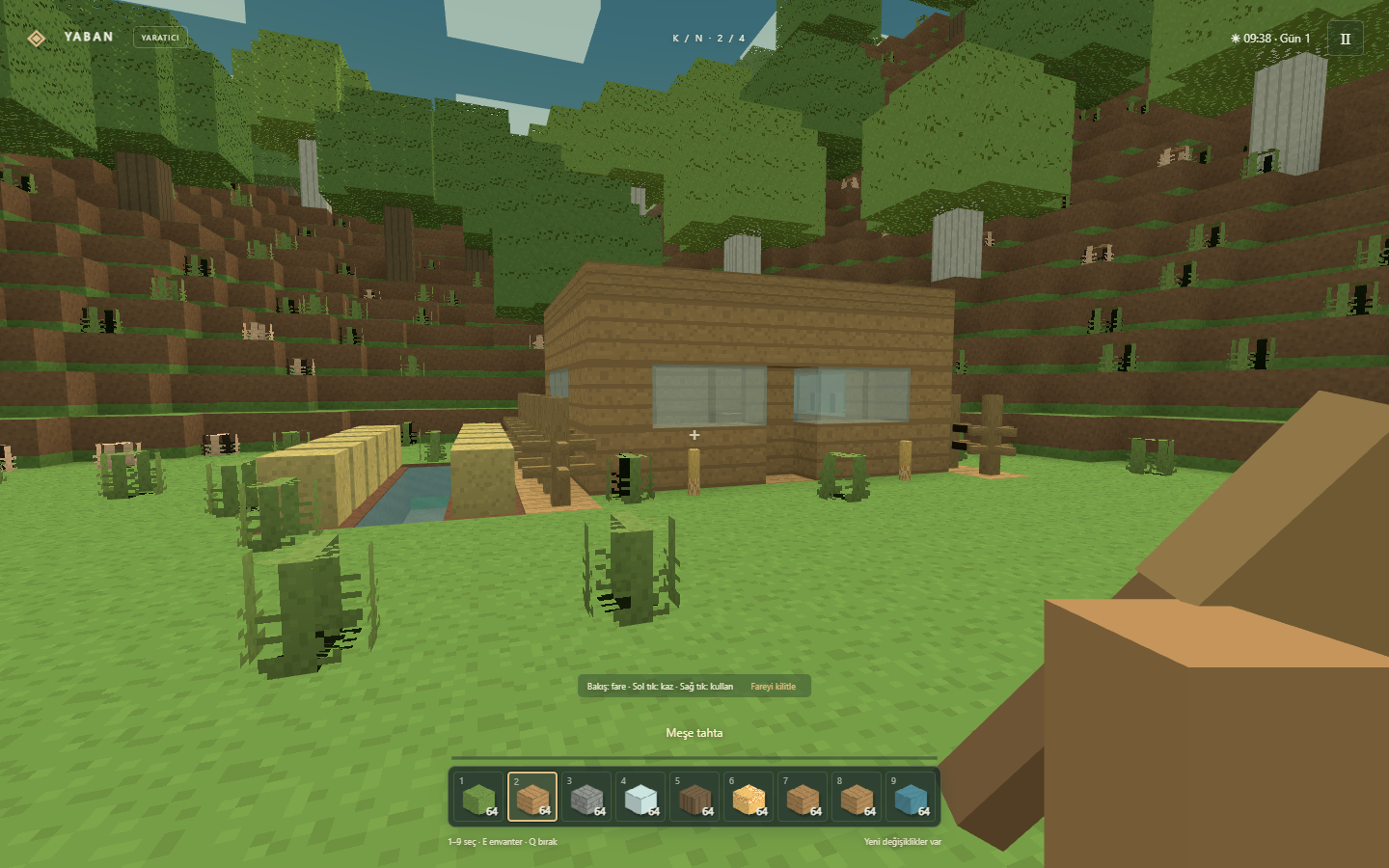 YABAN gameplay showing a wooden house, crops and a voxel forest