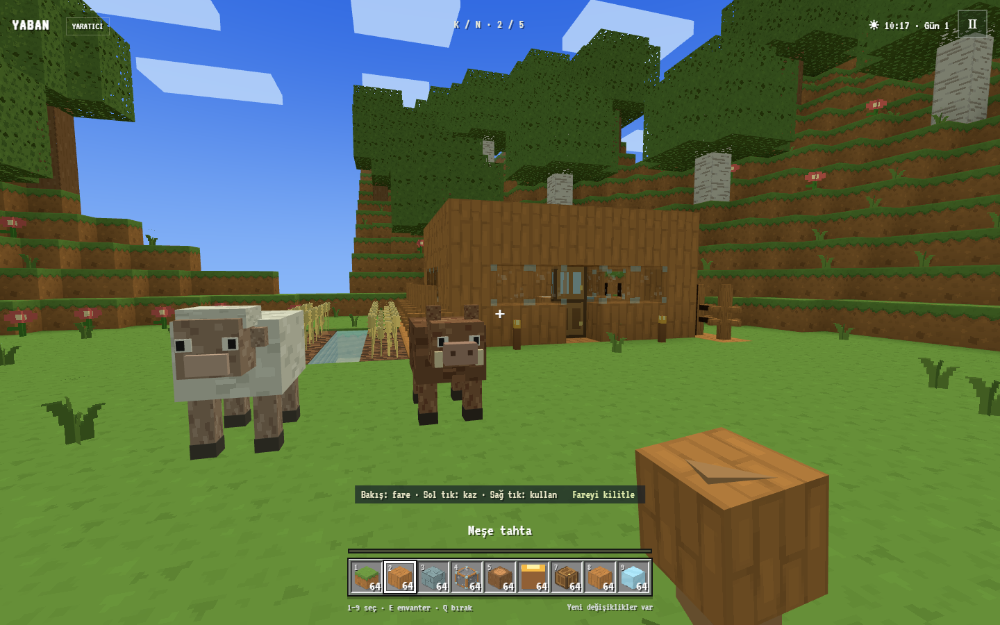 YABAN gameplay with a wooden house, sheep, crops and a voxel forest